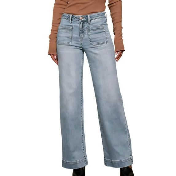 Staron Women's High Waisted Wide Leg Pants Straight Leg Jeans Solid Color Casual Loose Retro Vintage Long Trousers, Light Blue L