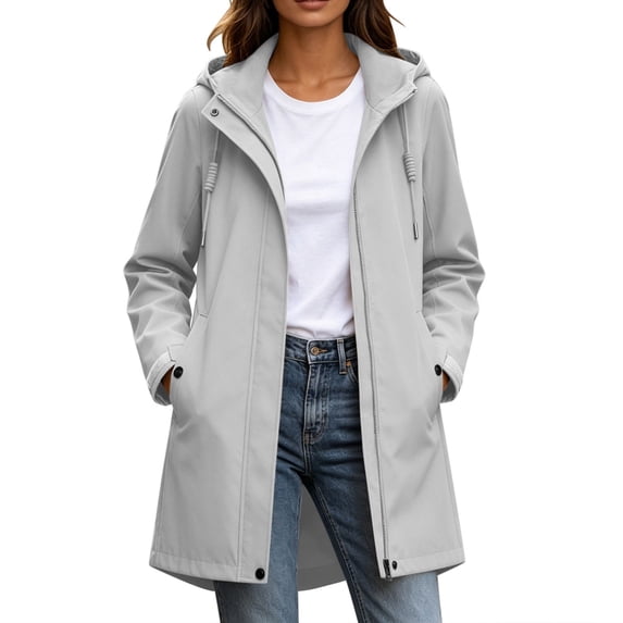 Staron Women's Hooded Rain Jacket Waterproof Windbreaker Lightweight Packable Outdoor Hiking Travel Casual Mid-Length Snap Button Zipper Coat Gray XXL