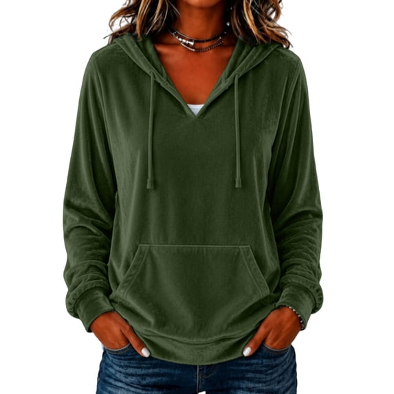 Staron Women's Hoodie Soft Hooded Long Sleeve V Neck Solid Casual Comfy Loose Pullover Sweatshirt Army Green L