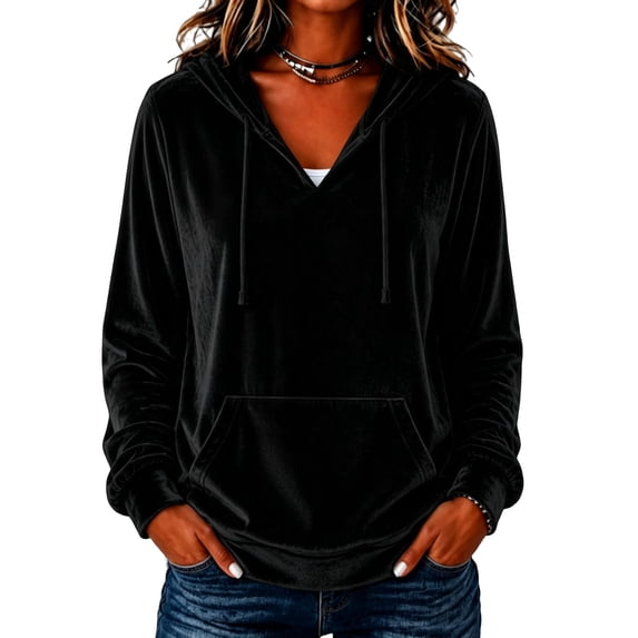 Staron Women's Hoodie Soft Hooded Long Sleeve V Neck Solid Casual Comfy Loose Pullover Sweatshirt Black L