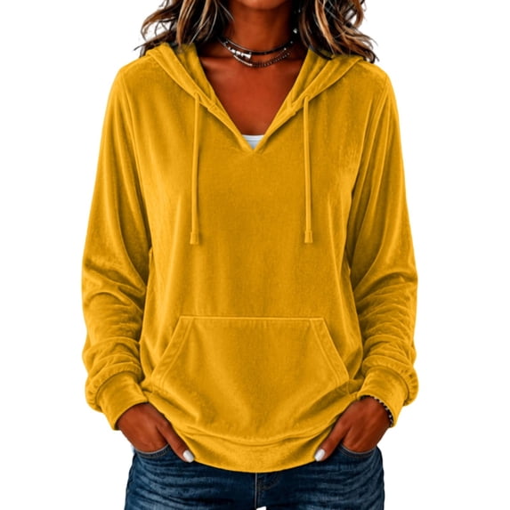 Staron Women's Hoodie Soft Hooded Long Sleeve V Neck Solid Casual Comfy Loose Pullover Sweatshirt Yellow M