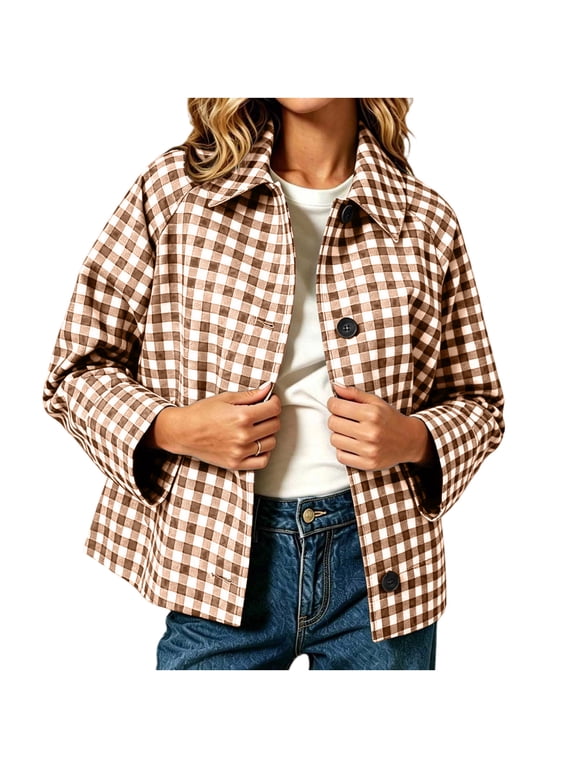 Women's Jacket Button Down Collared Long Sleeve Plaid Casual Lightweight Loose Spring Fall Summer Cardigan Coat, Brown S