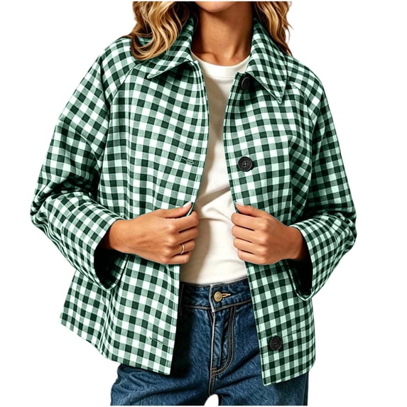 Staron Women's Jacket Button Down Collared Long Sleeve Plaid Casual Lightweight Loose Spring Fall Summer Cardigan Coat, Green M