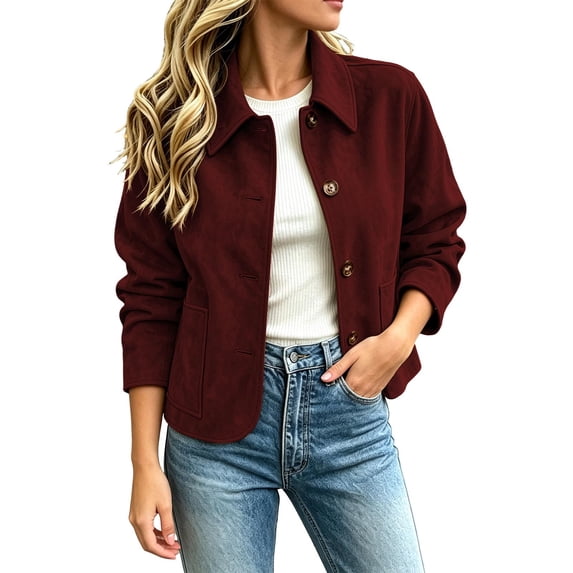 Staron Women's Jacket Casual Button Down Collared Long Sleeve Lightweight Soft Slim Fall Autumn Winter Tops, Wine M