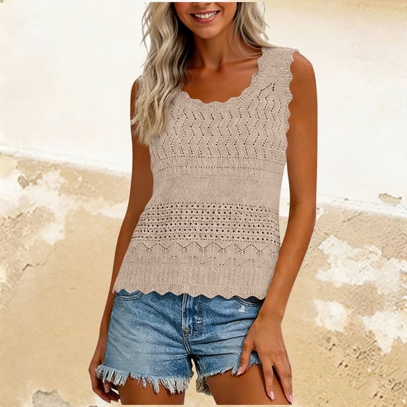 Staron Women's Lace Knit Sleeveless Top Bohemian Beach Cover-Up Solid Crochet Scalloped Neckline Relaxed Casual Tank Vest, Khaki XL