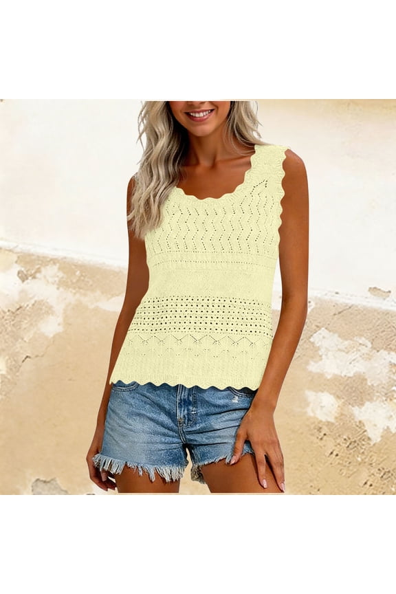 Women's Lace Knit Sleeveless Top Bohemian Beach Cover-Up Solid Crochet Scalloped Neckline Relaxed Casual Tank Vest, Yellow XXL