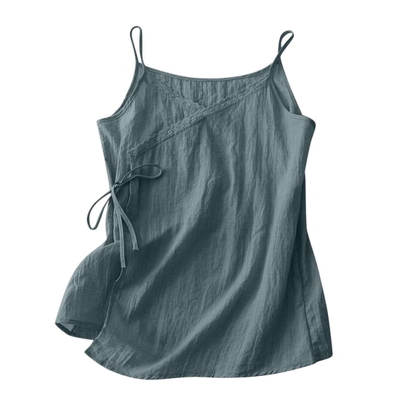 Staron Women's Lace Patchwork Camisole V-Neck Sleeveless Casual Loose Bandage Tank Top with Tie, Blue XL