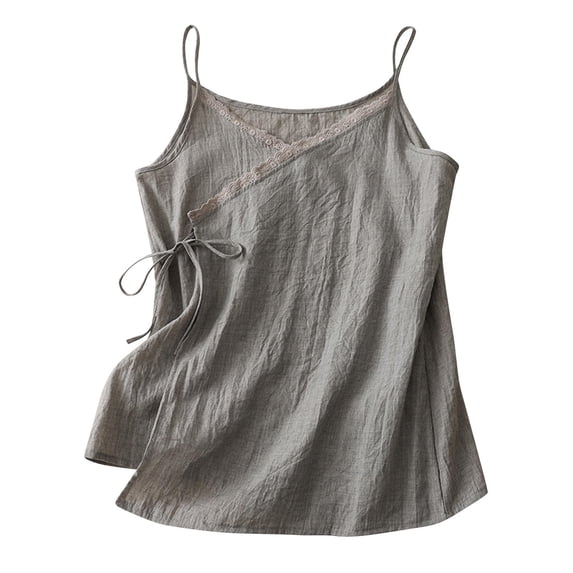 Staron Women's Lace Patchwork Camisole V-Neck Sleeveless Casual Loose Bandage Tank Top with Tie, Gray XL