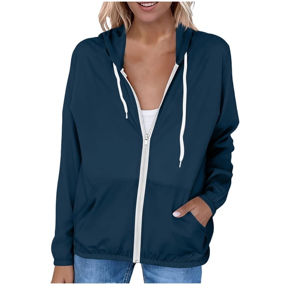 Staron Women's Lightweight Sun Protection Jacket Long Sleeve UPF Hooded Casual Zippered Front with Pockets Spring Summer Fall Beach Travel Outerwear, Navy S