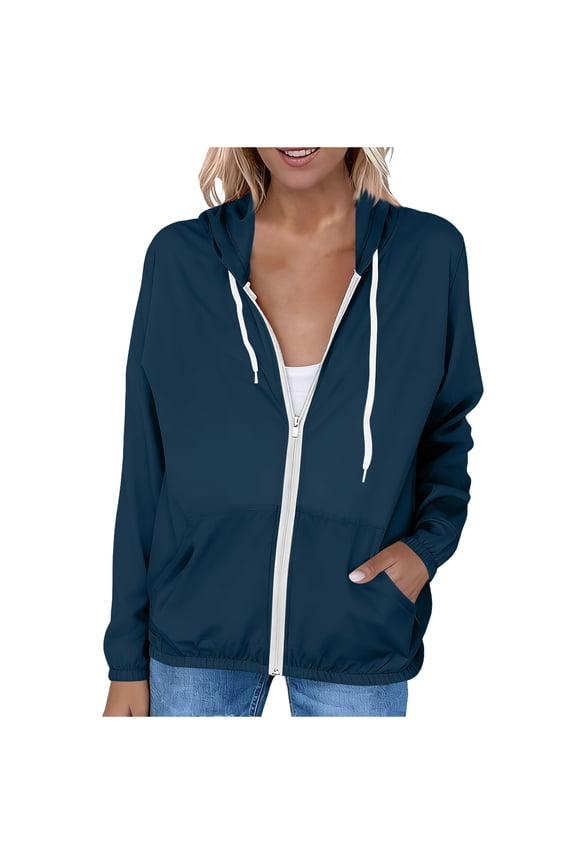 Women's Lightweight Sun Protection Jacket Short Sleeve UPF Hooded Casual Zippered Front with Pockets Spring Summer Fall Beach Travel Outerwear, Navy XL
