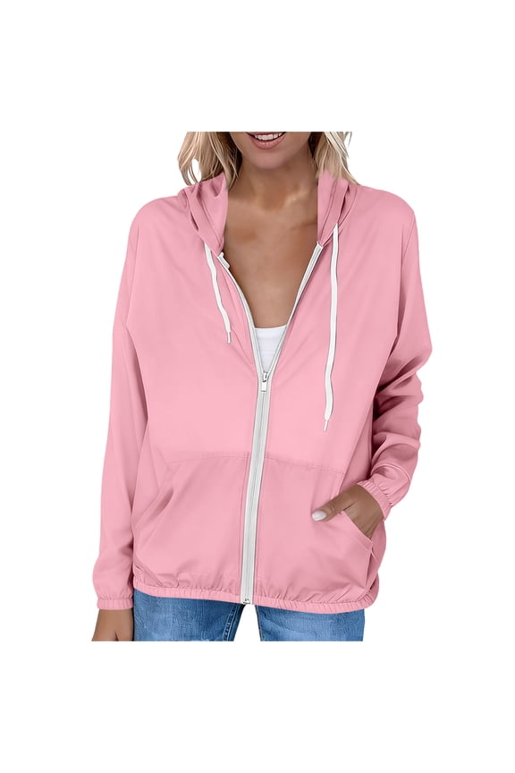 Women's Lightweight Sun Protection Jacket Short Sleeve UPF Hooded Casual Zippered Front with Pockets Spring Summer Fall Beach Travel Outerwear, Pink XXL