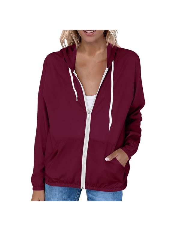 Women's Lightweight Sun Protection Jacket Long Sleeve UPF Hooded Casual Zippered Front with Pockets Spring Summer Fall Beach Travel Outerwear, Wine XXL