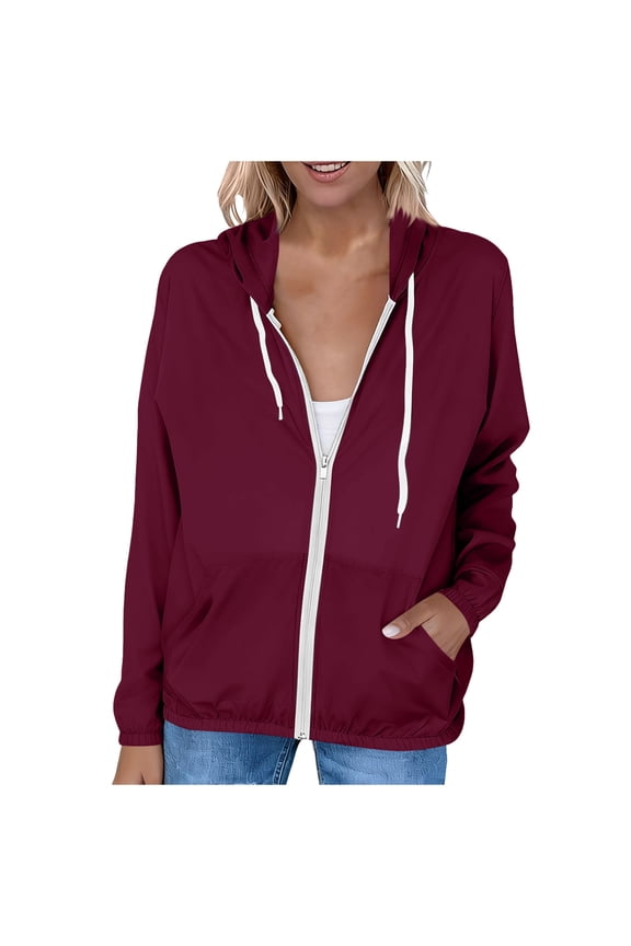 Women's Lightweight Sun Protection Jacket Short Sleeve UPF Hooded Casual Zippered Front with Pockets Spring Summer Fall Beach Travel Outerwear, Wine XXL