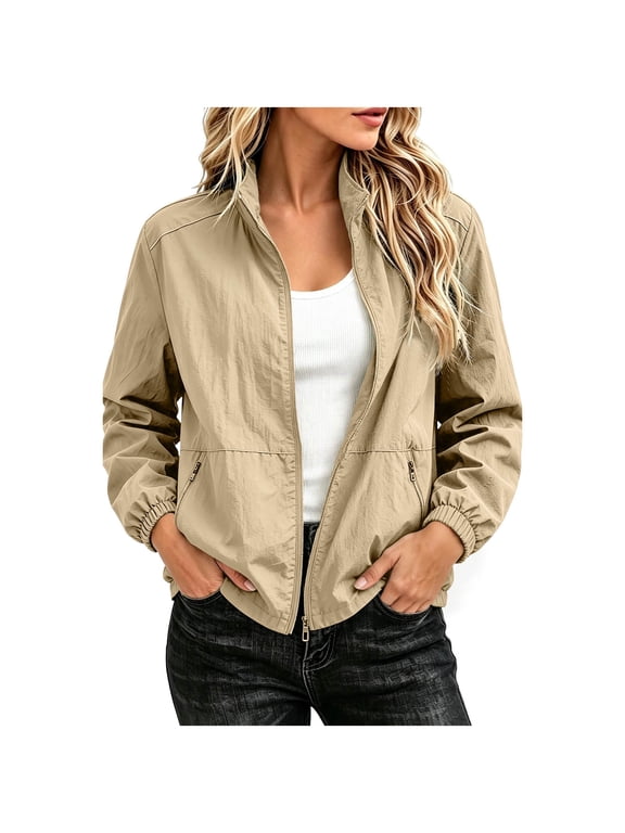 Women's Lightweight Zip Jacket Casual Long Sleeve Solid Basic Loose Cardigan Travel Vacation Spring Summer Fall Tops Khaki XL
