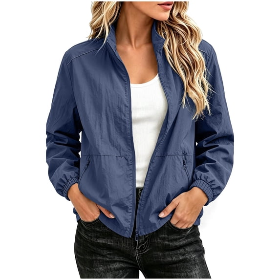 Staron Women's Lightweight Zip Jacket Casual Long Sleeve Solid Basic Loose Cardigan Travel Vacation Spring Summer Fall Tops Navy M
