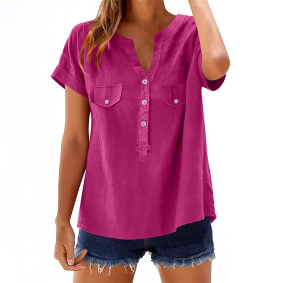 Staron Women's Linen Shirt Spring Summer V-Neck Pullover Button Down Short Sleeve Casual Loose Top, Hot Pink XXL