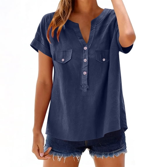 Staron Women's Linen Shirt Spring Summer V-Neck Pullover Button Down Short Sleeve Casual Loose Top, Navy XL