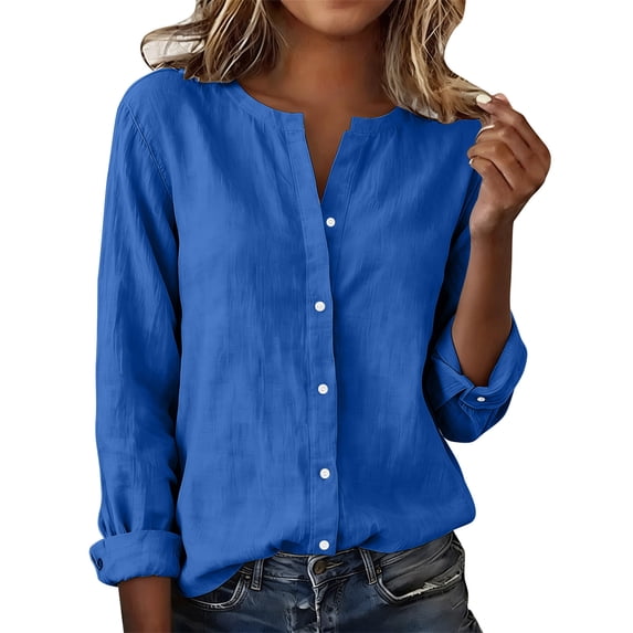 Staron Women's Linen V-Neck Button-Down Shirt Short Sleeve Casual Blouse Spring Summer Top, Blue L