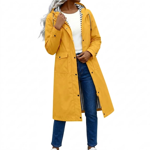 Staron Women's Long Hooded Waterproof Raincoat Lightweight Windproof Outdoor Travel Jacket with Pockets Adjustable Cuffs Casual Spring Fall Winter Coat Yellow L