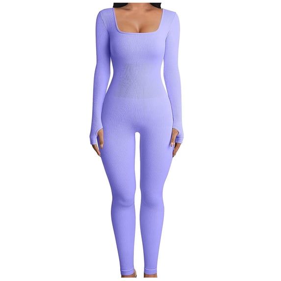 Staron Women's Long Sleeve Jumpsuits Solid Color Square Neck Sports Romper Elastic Fitted Casual Comfy Stretchy Pants, Purple XL