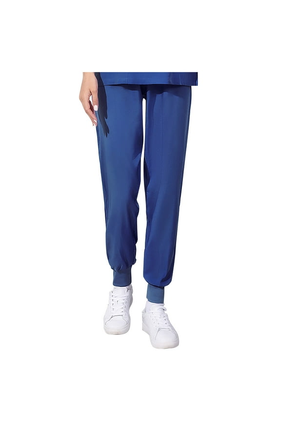 Women's Loose Fit Work Pants Nurse Scrubs Casual Bunched Cuff Solid Color Comfortable Professional Uniform Trousers, Dark Blue L