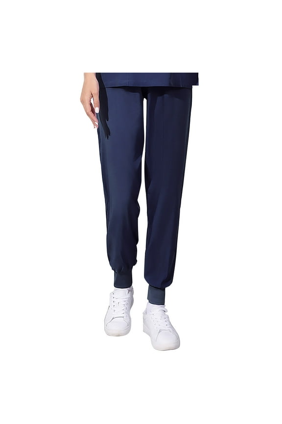 Women's Loose Fit Work Pants Nurse Scrubs Casual Bunched Cuff Solid Color Comfortable Professional Uniform Trousers, Navy XXL