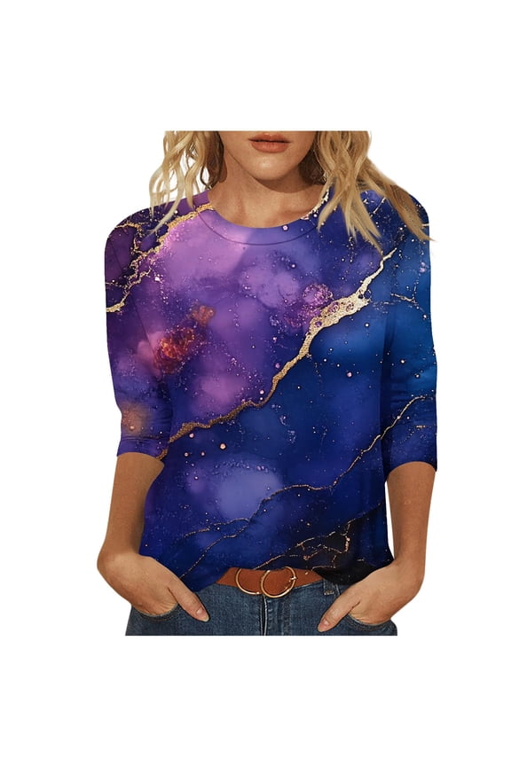 Women's Marble Print 3/4 Sleeve T-Shirt Round Neck Casual Blouse Pullover Fashion Top for Street Travel Party Holiday, Purple 4XL