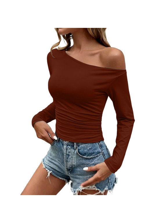 Women's Off Shoulder Crop Top Asymmetrical One Shoulder Long Sleeve Ruched Slim Fitted Casual Party Club Top, Coffee XS