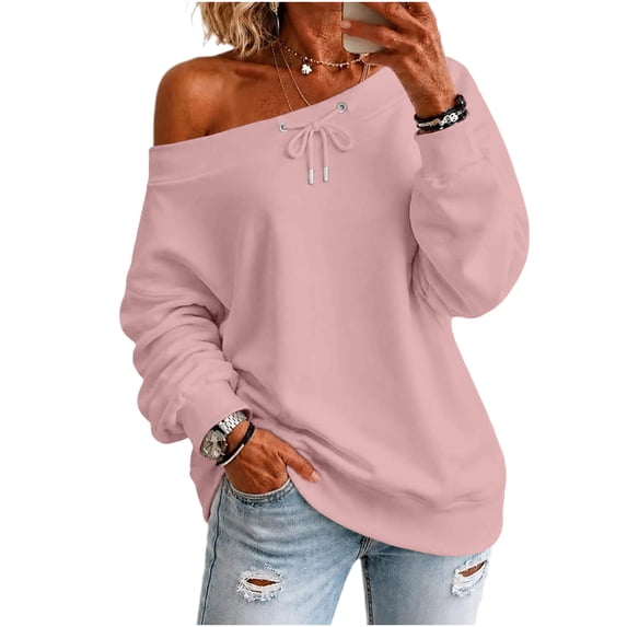 Staron Women's Off Shoulder Long Sleeve Tops Casual Loose Knitted Sweater Pullover Solid Color Comfy Winter Fall Spring Fashion Basic, Pink S