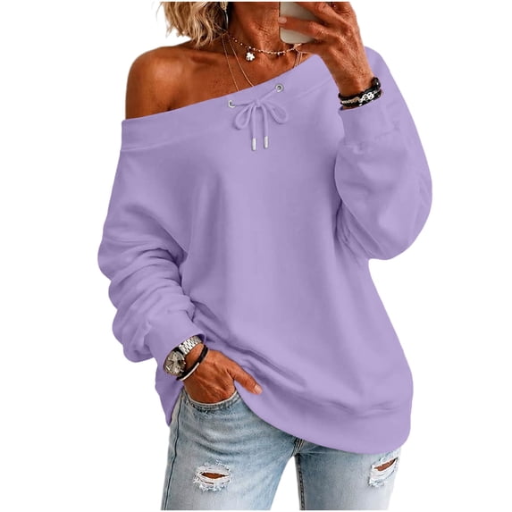 Staron Women's Off Shoulder Long Sleeve Tops Casual Loose Knitted Sweater Pullover Solid Color Comfy Winter Fall Spring Fashion Basic, Purple XL