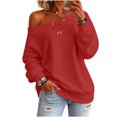 thumbnail image 1 of Staron Women's Off Shoulder Long Sleeve Tops Casual Loose Knitted Sweater Pullover Solid Color Comfy Winter Fall Spring Fashion Basic, Red L, 1 of 7