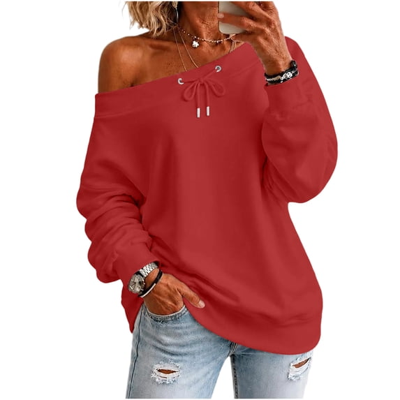 Staron Women's Off Shoulder Long Sleeve Tops Casual Loose Knitted Sweater Pullover Solid Color Comfy Winter Fall Spring Fashion Basic, Red L