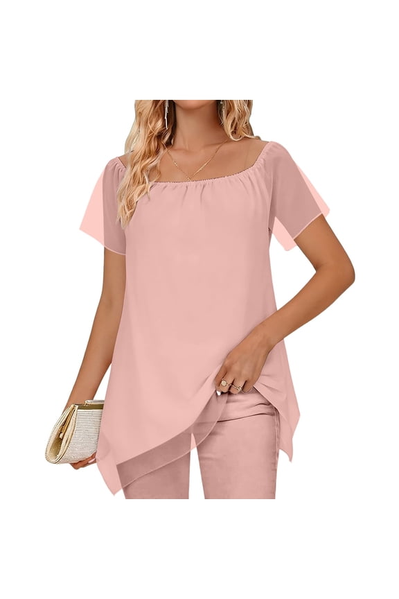 Women's Off Shoulder Top Elegant Chiffon Blouse Asymmetrical Hem Short Sleeve Casual Loose Vacation Beach Party Tunic, Pink S