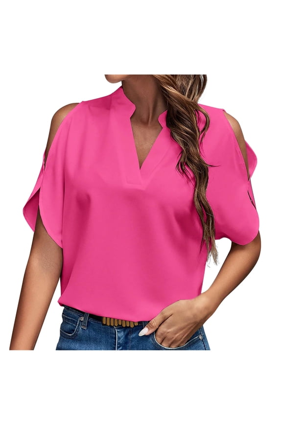 Women's Off Shoulder Top Short Sleeve V Neck Casual Blouse Loose Party Vacation Holiday Shirt, Hot Pink L