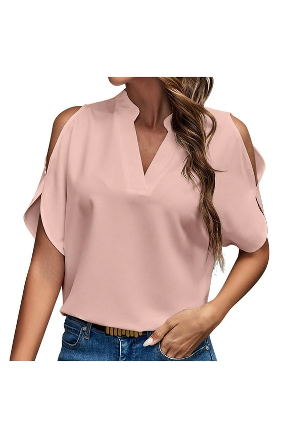 Women's Off Shoulder Top Short Sleeve V Neck Casual Blouse Loose Party Vacation Holiday Shirt, Pink XXL