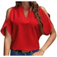 thumbnail image 1 of Staron Women's Off Shoulder Top Short Sleeve V Neck Casual Blouse Loose Party Vacation Holiday Shirt, Red S, 1 of 3