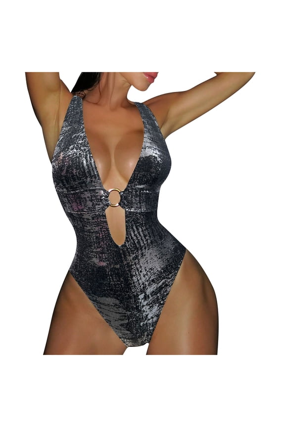 Women's One Piece Swimsuit Deep V Neck Backless Tie Side Sparkling Glitter Monokini Beach Pool Party, Silver M