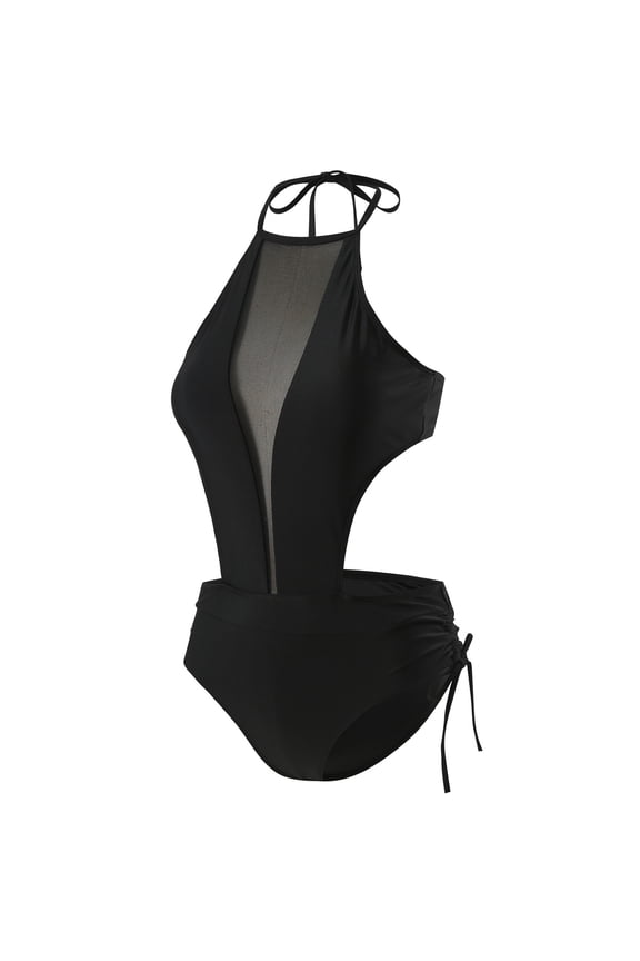Women's One Piece Swimsuit Retro Halter Neck Backless Bathing Suit Cutout Monokini Beach Vacation Pool Party, Black M