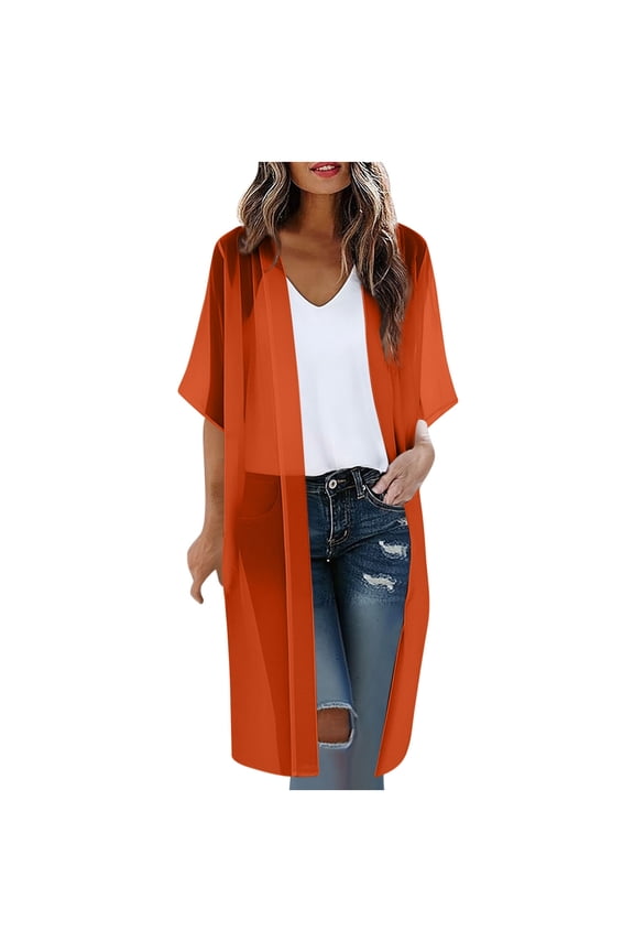 Women's Open Front Cardigan Batwing Sleeve Tunic Cover-Up Casual Loose Knit Top Beach Boho Layering Shirt, Orange M