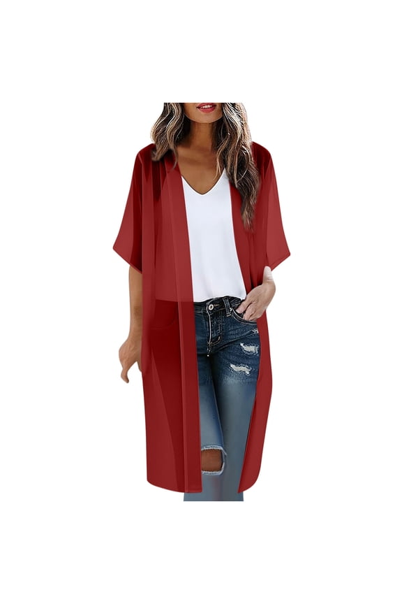 Women's Open Front Cardigan Batwing Sleeve Tunic Cover-Up Casual Loose Knit Top Beach Boho Layering Shirt, Red S