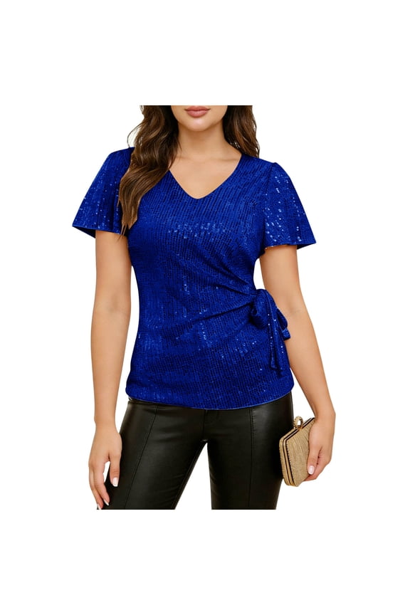 Women's Party Blouse Sequin Wrap Top V-Neck Short Sleeve Cocktail Shirt with Adjustable Tie Waist, Blue S