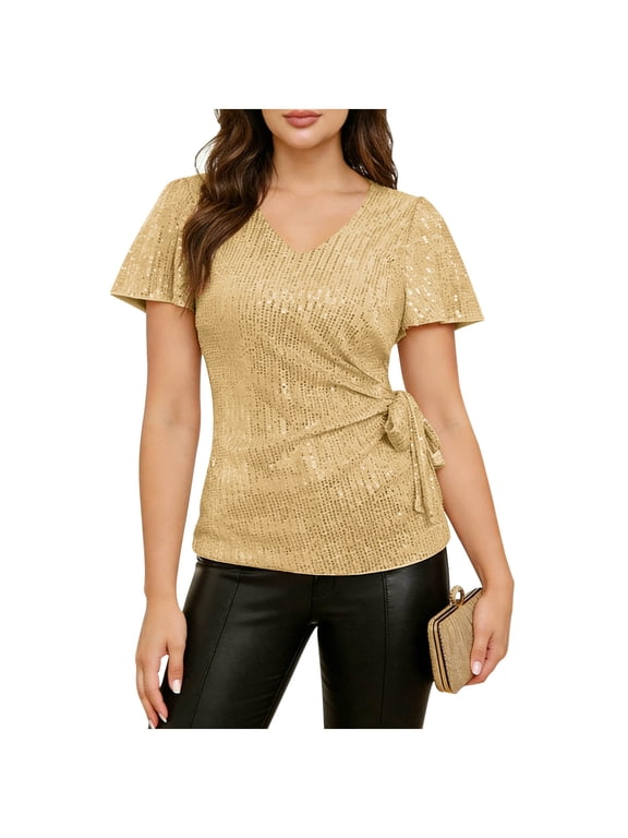 Women's Party Blouse Sequin Wrap Top V-Neck Short Sleeve Cocktail Shirt with Adjustable Tie Waist, Gold XL