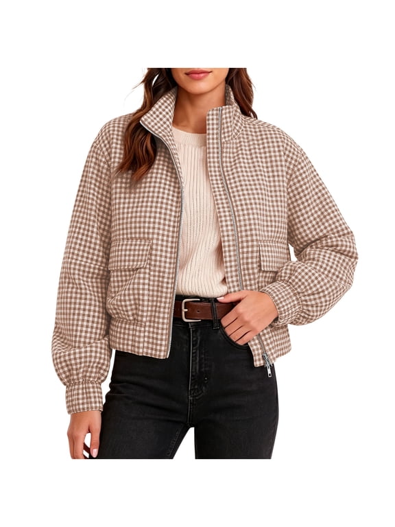 Women's Plaid Jacket Zip High Neck Long Sleeve Casual Lightweight Soft Loose Coat Khaki S