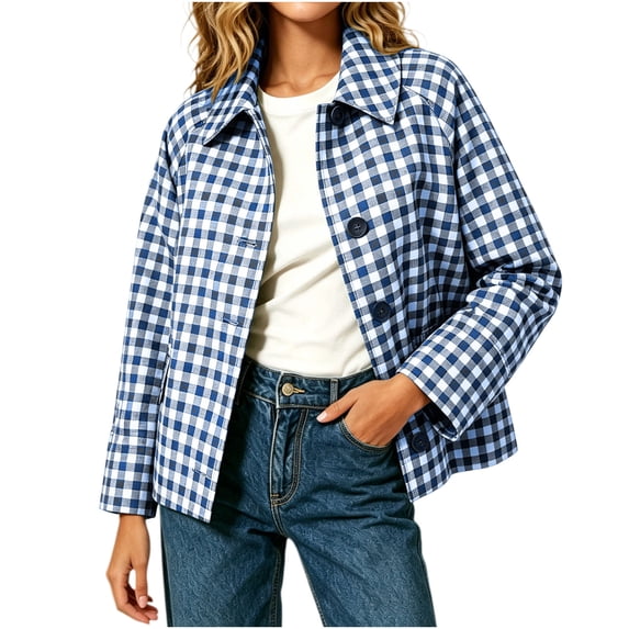 Staron Women's Plaid Tops Casual Button Down Collared Long Sleeve Fall Coat Tops with Pockets, Blue XXL