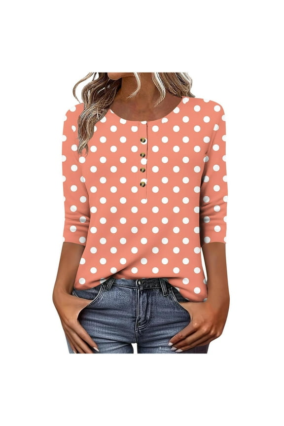 Women's Polka Dot Button Down 3/4 Sleeve T-Shirt Casual Loose Blouse Round Neck Comfortable Top, Orange XXL