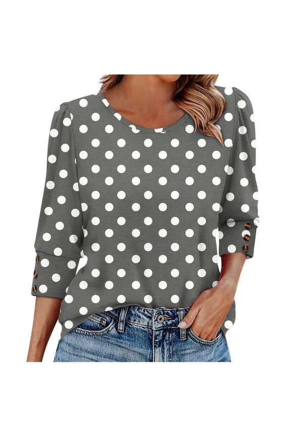Women's Polka Dot Print Blouse Round Neck Button 3/4 Sleeve Casual Fashion Top Shirt, Gray XL