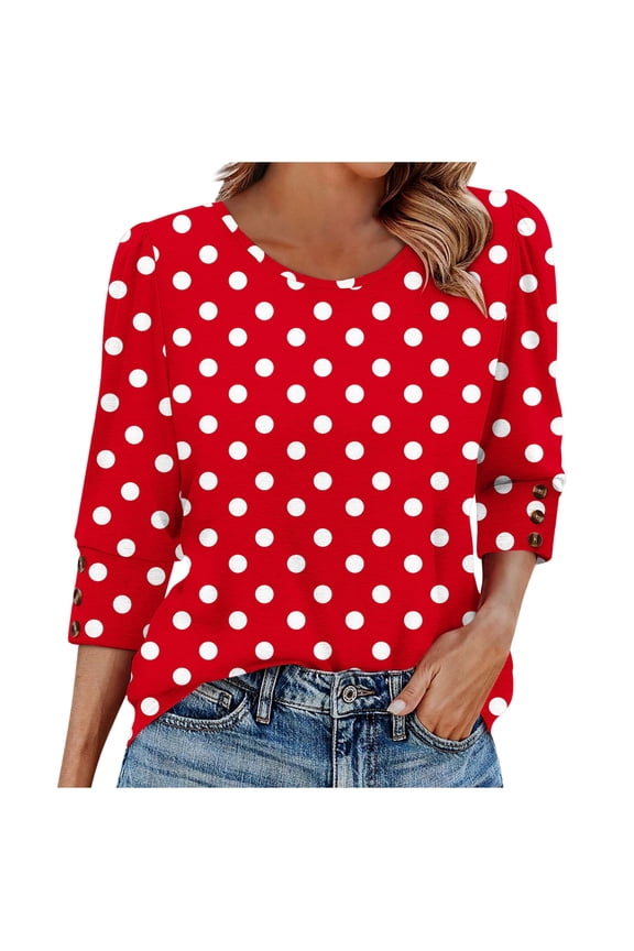 Women's Polka Dot Print Blouse Round Neck Button 3/4 Sleeve Casual Fashion Top Shirt, Red XL