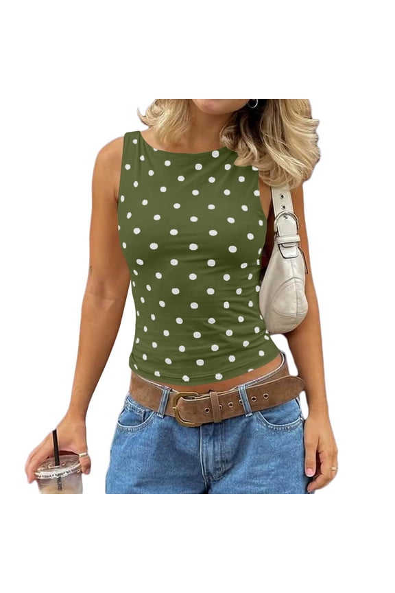 Women's Polka Dot Tank Top Sleeveless Round Neck Fitted Casual Party Vacation Blouse, Army Green M