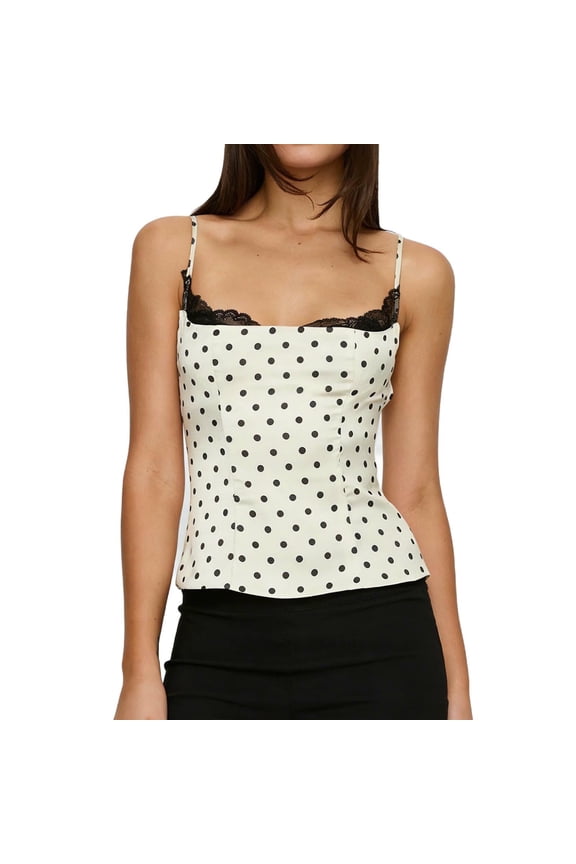 Women's Polka Dot Top Cropped Square Neck Spaghetti Strap Backless Lace Casual Fashion Cute Party Tank Top, Black M