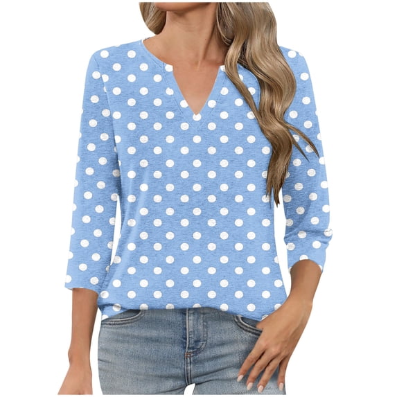 Staron Women's Polka Dot V-Neck 3/4 Sleeve T-Shirt Casual Fashion Printed Top Basic Comfy Relaxed Tee, Light Blue XL